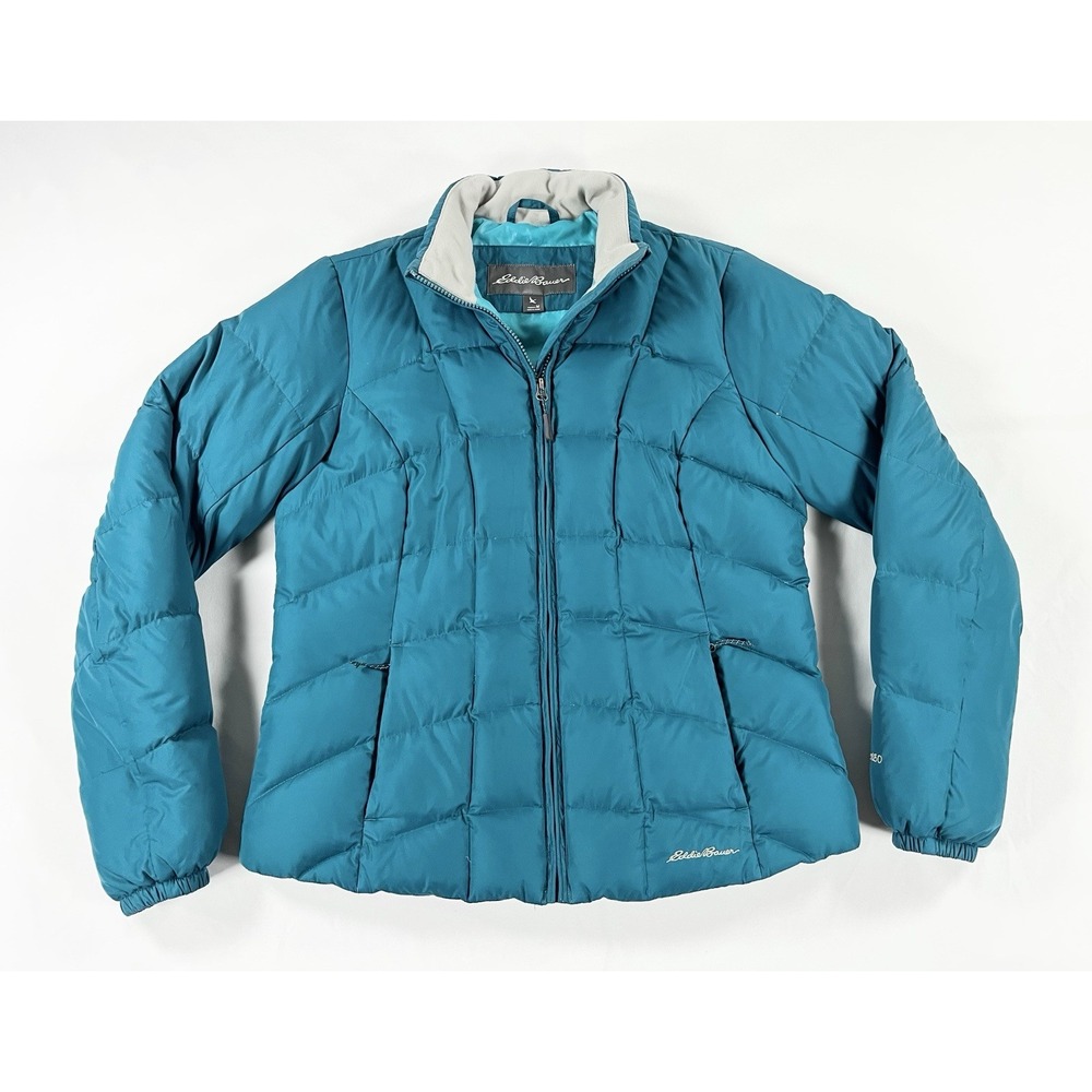Eddie Bauer 650 Down Puffer Jacket Womens M Medium Teal Blue Quilted Full Zip